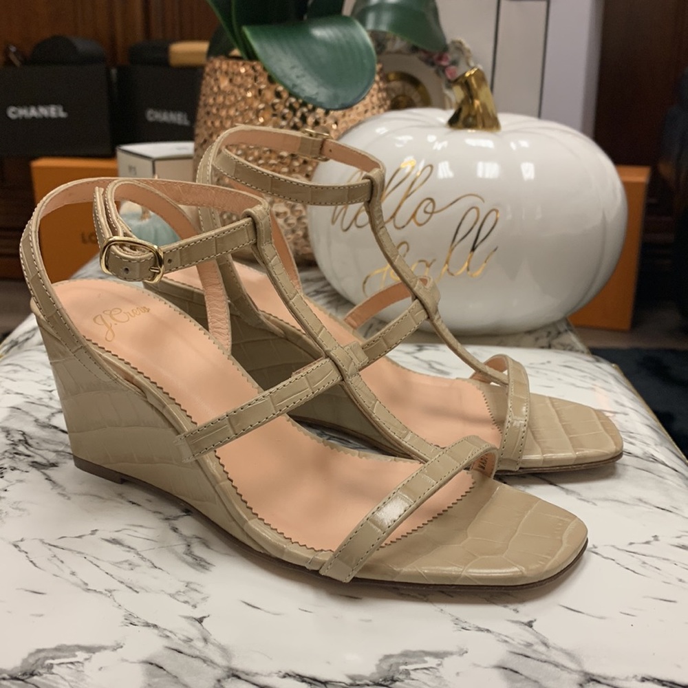 J Crew Croc Embossed Leather Strappy Wedge Sandals Size 5, Heel Height 2.75”